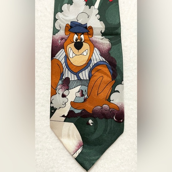 Vintage 1994 Cartoon Network Silk Necktie Baseball Fred Flintstone Yogi Bear - Picture 3 of 11